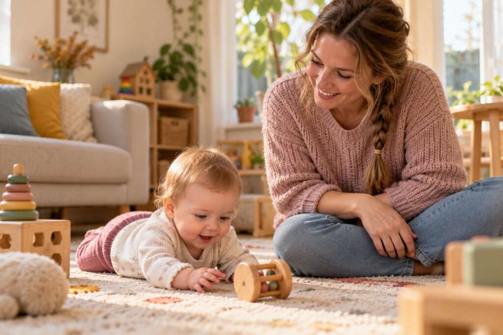 Gastouder zit op het kleed en kijkt lachend naar een baby die met een houten rammelaar speelt