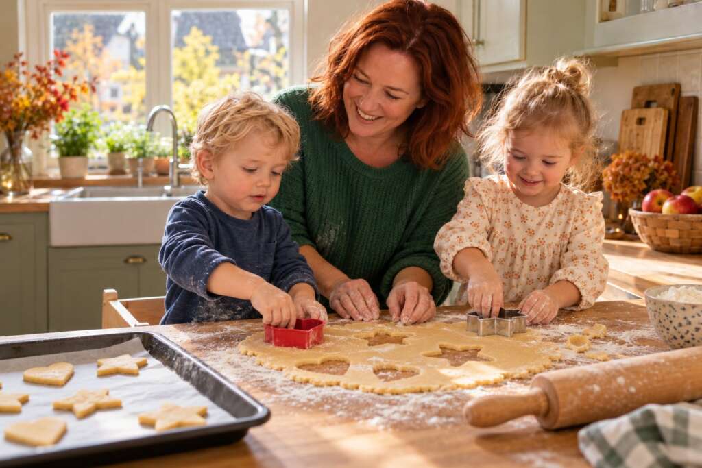 Gastouder steekt samen met twee peuters koekjes uit in de keuken