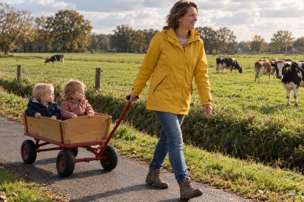 AI-sfeerbeeld: gastouder trekt twee peuters in een bolderkar langs een weiland met koeien