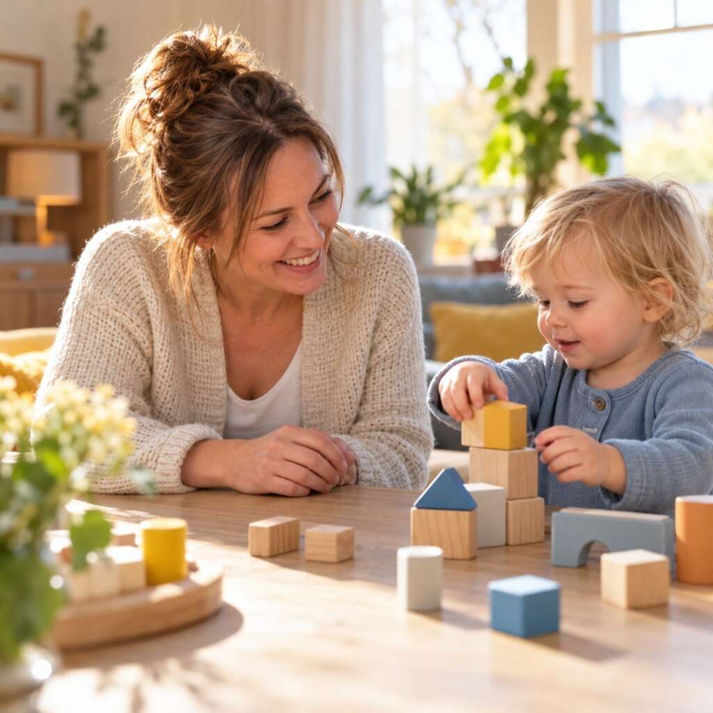 Gastouder zit aan tafel bij een peuter die met houten blokken speelt