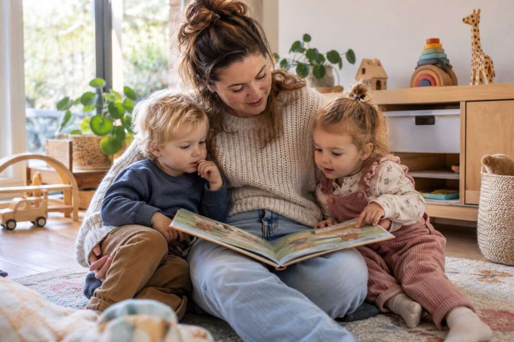 Gastouder leest op het kleed voor aan twee peuters die tegen haar aan zitten